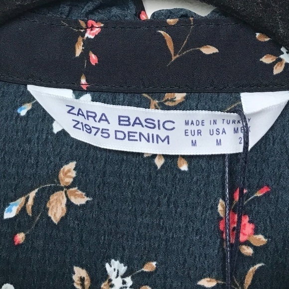 Zara Basic Denim z1975 Black Floral Tie Neck Long Sleeve Blouse NWT Medium - Picture 9 of 12